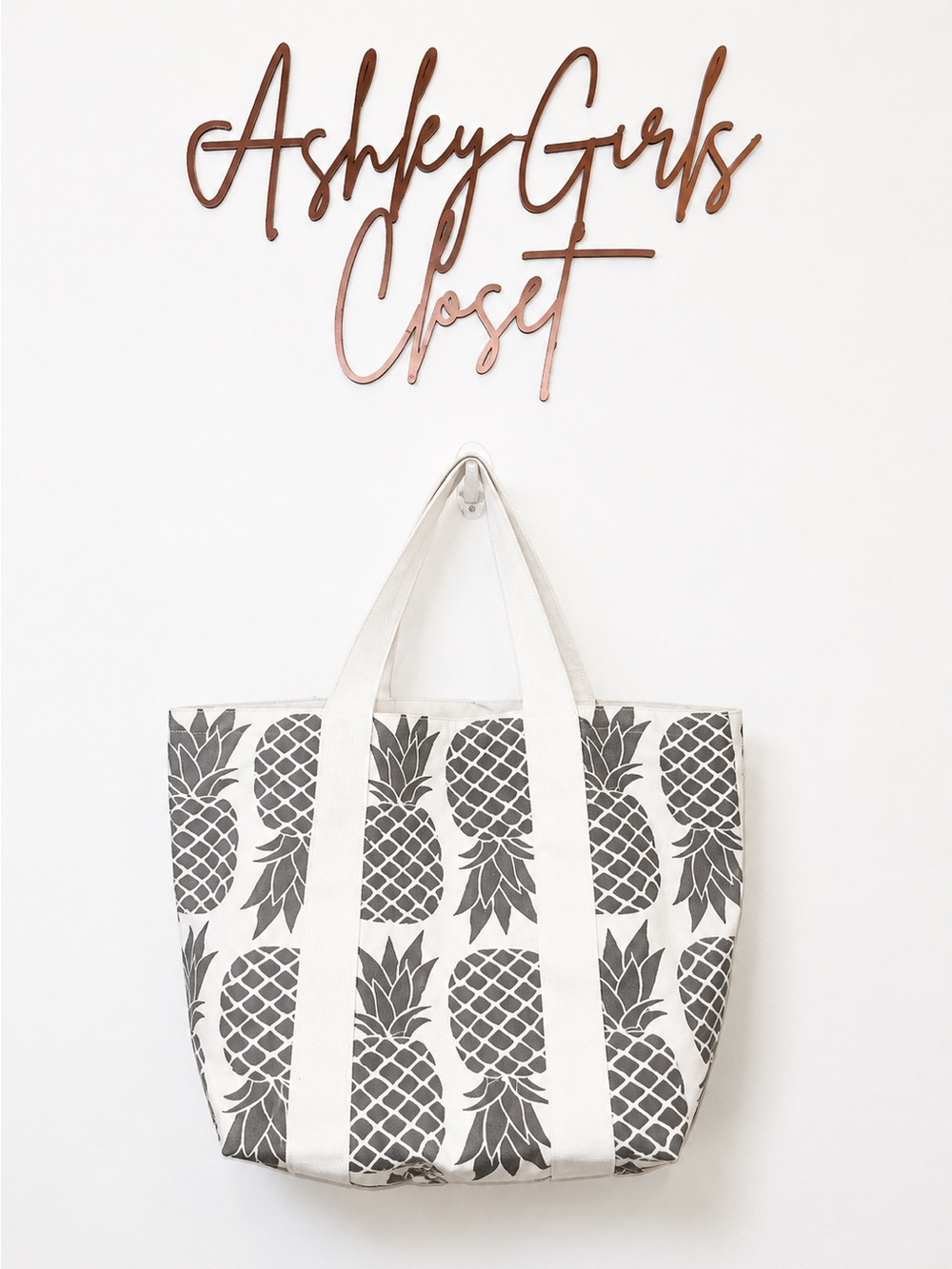 totes White and Gray Pineapple Print Canvas Tote